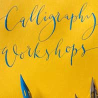 Modern Calligraphy with Sarah O'Dea - Bright yellow paper with curly, blue writing and some pen nibs.