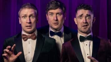 3 startled looking men in evening suits and bow ties.