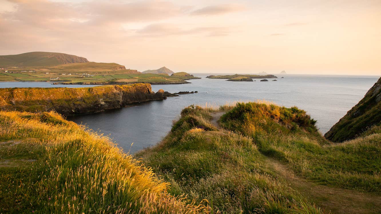 A view of Bray Head in County Kerry at sunset.