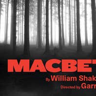 Black and white image of a forest with red text that reads: Macbeth by William Shakespeare