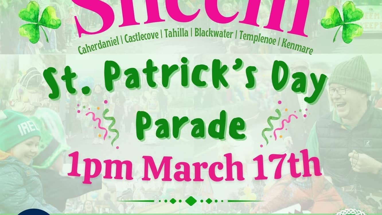 Details of st Patrick’s day on green poster with pink or dark green writing