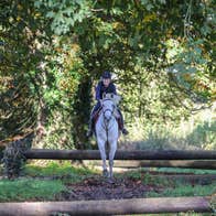 Girl on a white horse going over a jump