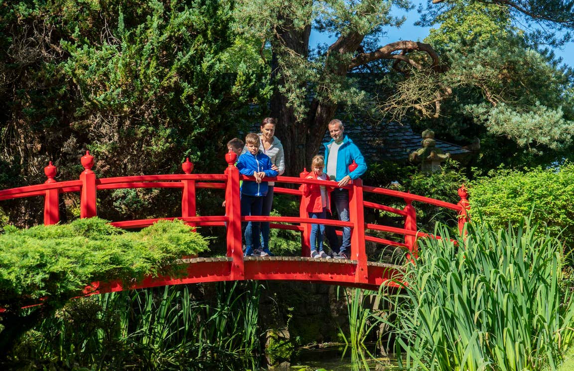 A family on the red bridge at the Japanese Gardens in Kildare.