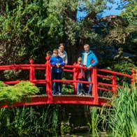 A family on the red bridge at the Japanese Gardens in Kildare.