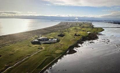 Aerial view over St Anne's Golf Club and golf course on Bull Island