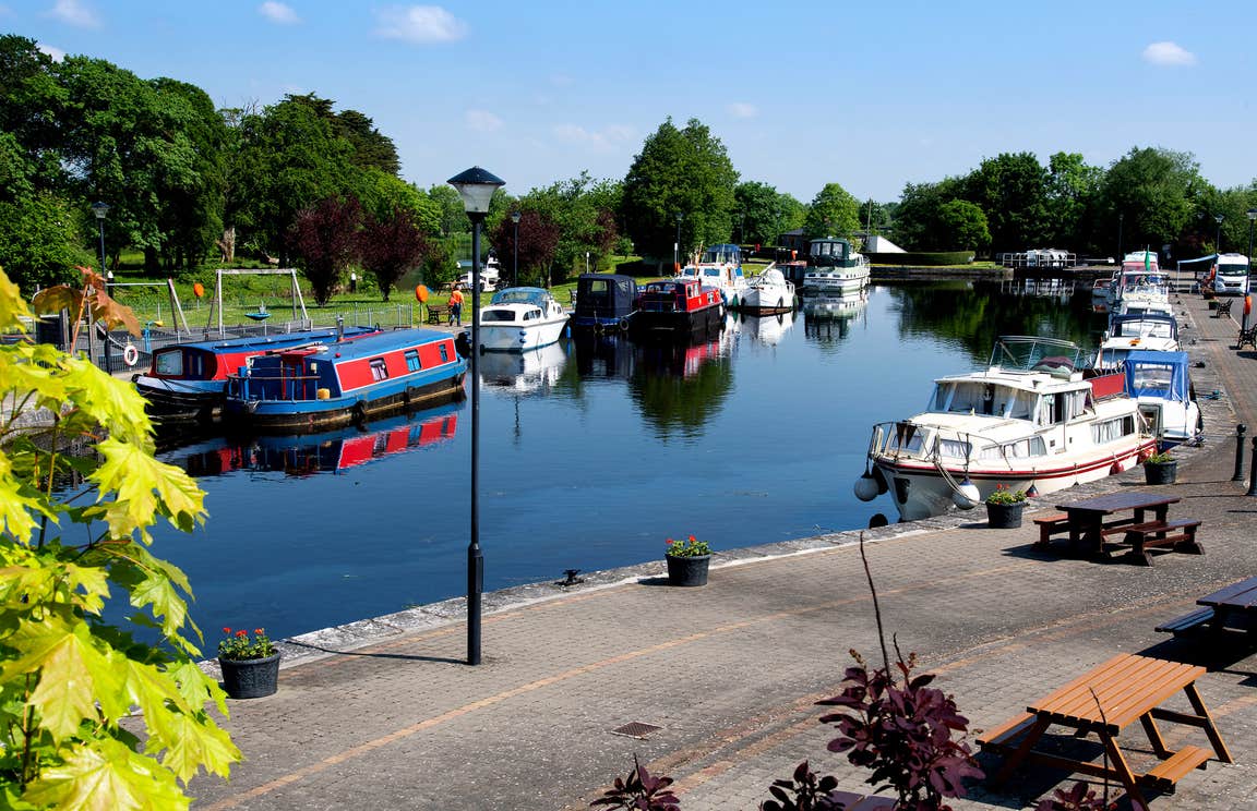 Colourful boats docked in Clondra harbour in Longford