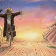 Lyngo Theatre presents Hay! Cartoon type image of a scarecrow and a young woman in a flowing dress surrounded by hay.