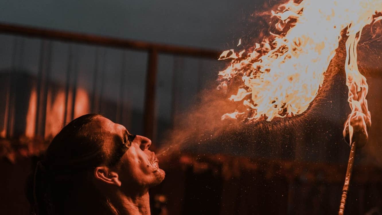 Samhain After Dark Belvedere, a man appearing to blow fire out of his mouth