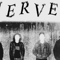 Black and white grainy photo of 4 people in a line with their faces blank in white.