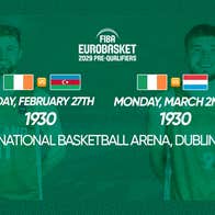 Ireland Men's International Basketball, dark green poster with white event text and 3 country flags.