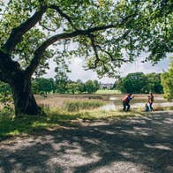 Family playing on the banks of a lake at Emo Court in Laois