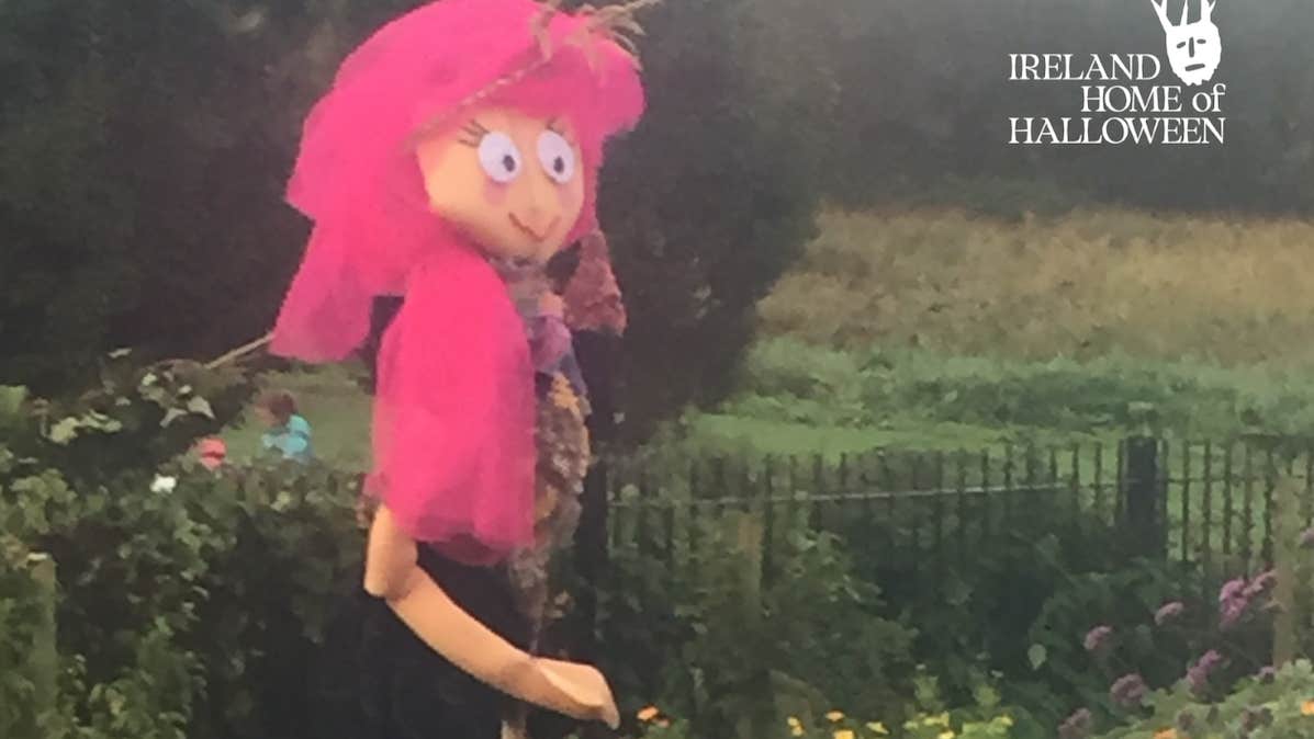 Scarecrow at Skerries Mills - a tall figure with bright pink long hair and large face outside in a garden