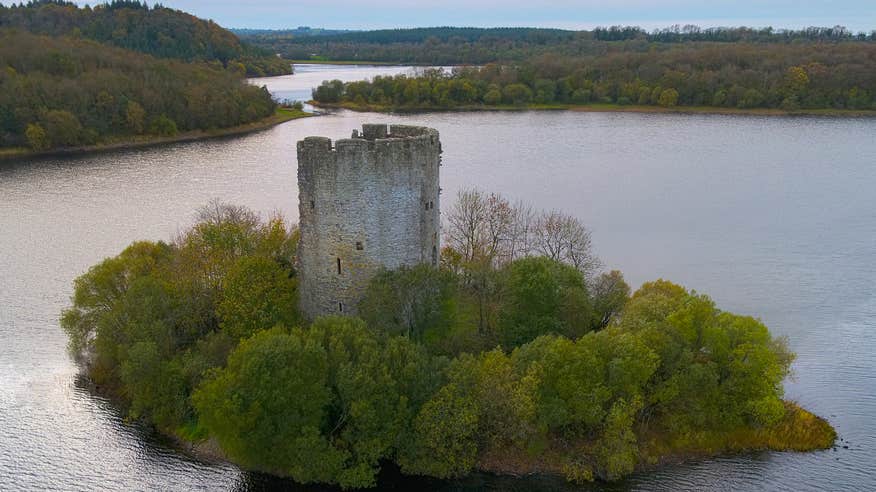 Aerial view of Clough Oughter Castle ruins in Co Cavan