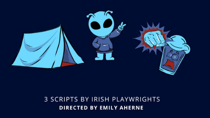 Cartoon image of blue tent and small alien in a hoodie against a black background.