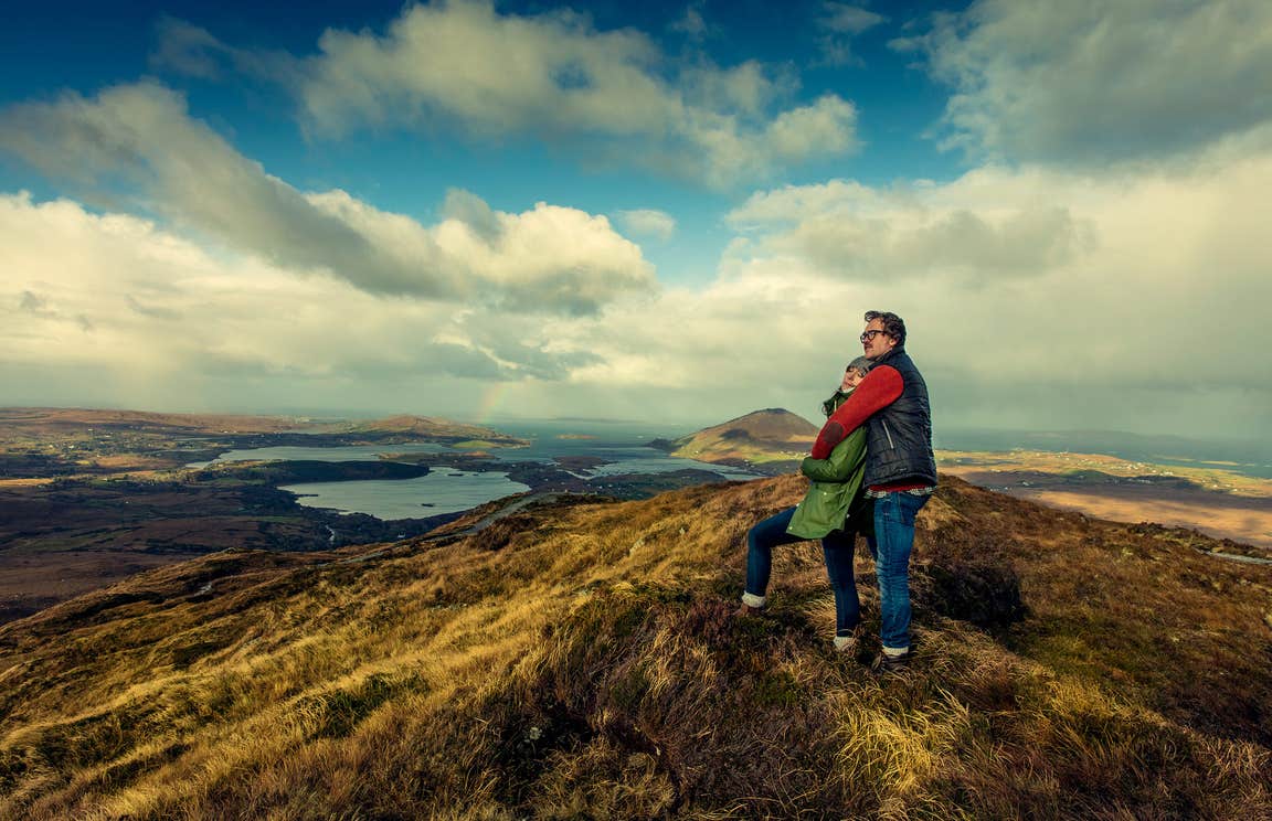 Two walkers at Diamond Hill, Connemara, County Galway