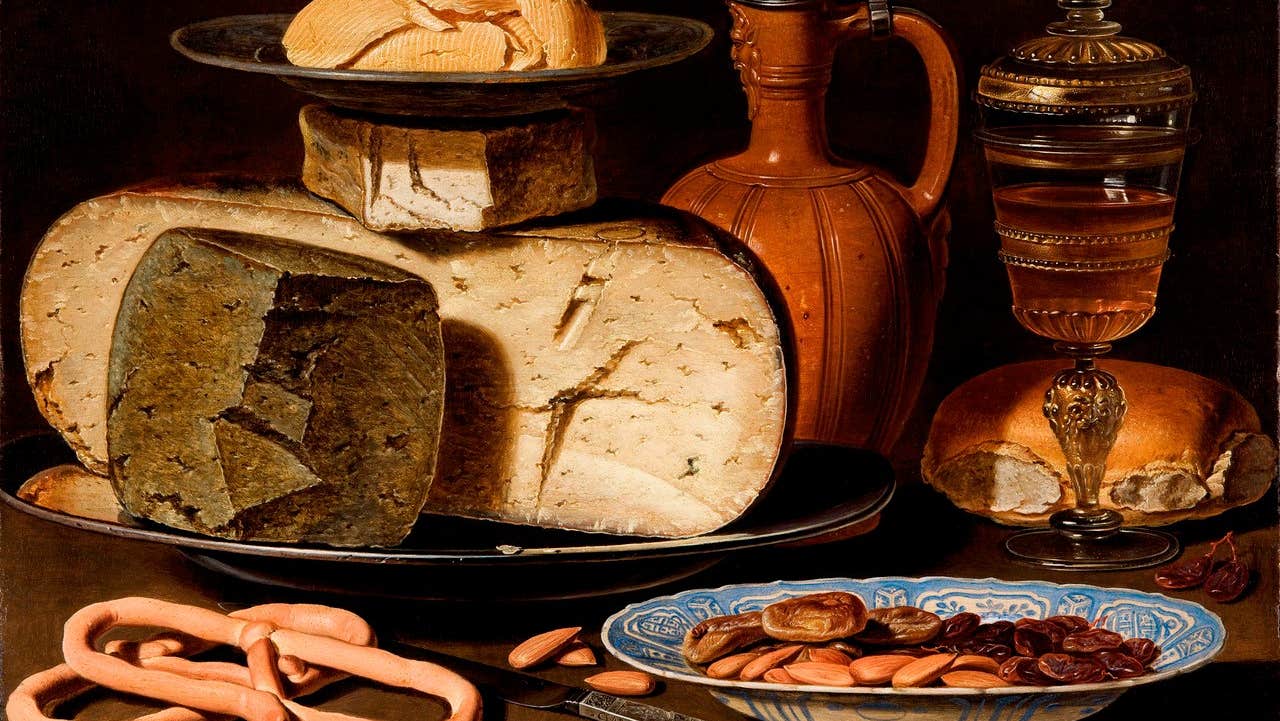 Still Life with Cheeses, Almonds and Pretzels by Clara Peeters