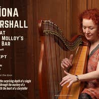 Tríona Marshall at Matt Molloy Yard Bar, a seated woman playing a harp.