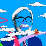 Hayao Miyazaki's Dreams by Mystery Ensemble - cartoon type image of man's head and shoulders wearing glasses but with face completely transparent to the blue sky behind with other cartoon figures.