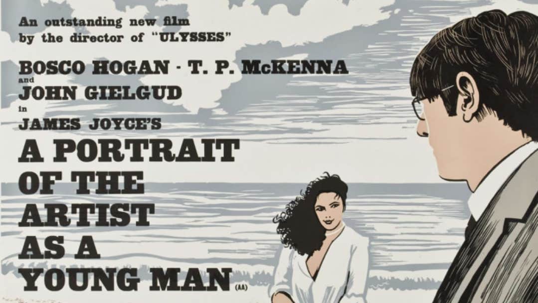 Poster for A Portrait of the Artist as a Young Man, with drawing of a woman on a beach looking at a man in the foreground.