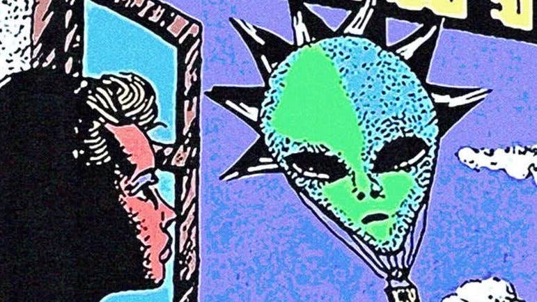 Cartoon grainy image of person looking through an open window at a hot air balloon in the shape of a green alien face with spiky haire