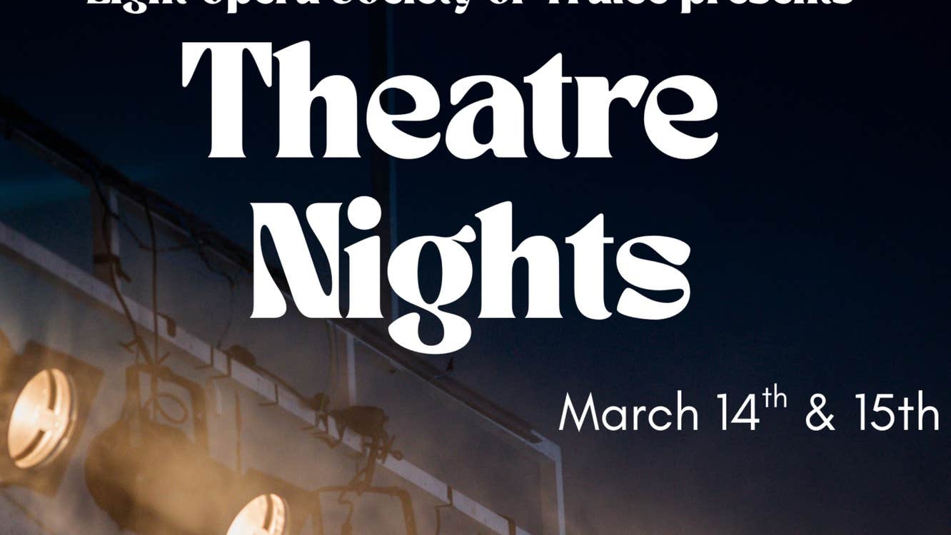 Dark poster with white overlaid text and 2 spotlights in bottom left hand corner.