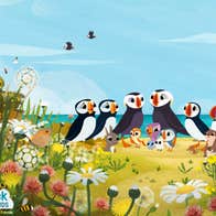 A cartoon image of a group of puffin birds with smaller creatures in front of them surrounded by flowers and greenary