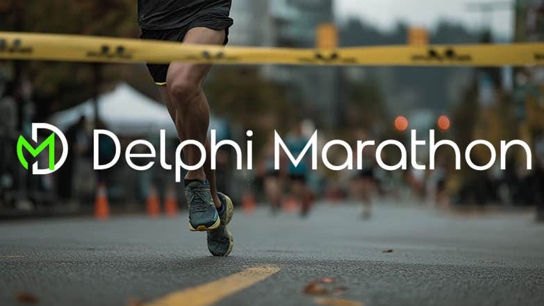 Delphi Half Marathon & 10km - a set of legs running towards a yellow winning tape