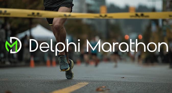 Delphi Half Marathon & 10km - a set of legs running towards a yellow winning tape