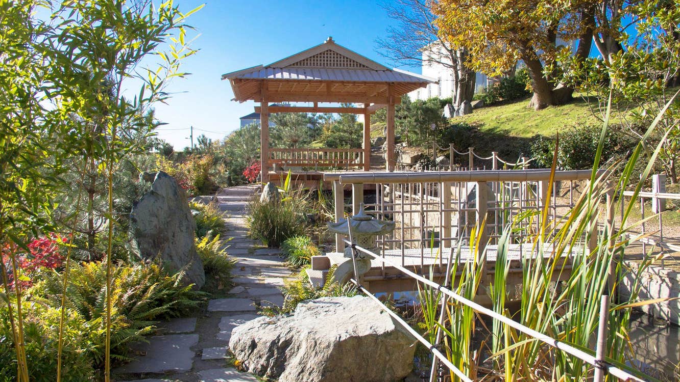 View of a Japanese structure the Azumaya at Lafcadio Hearn Japanese Gardens