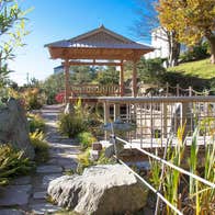 View of a Japanese structure the Azumaya at Lafcadio Hearn Japanese Gardens