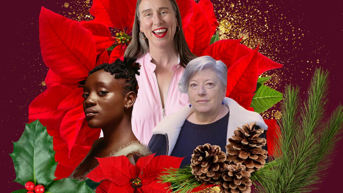 Collage of 3 different women set into red flower with christmas greenery around.