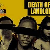 Poster in dull yellow and black with 2 men and a child with their eyes blacked out.