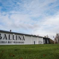 Exterior of a white building with four flags to the right and green grass in front