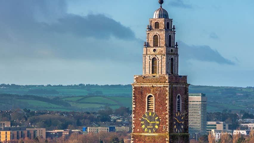 Shandon Bells and Tower aerial view of tower and surrounding city