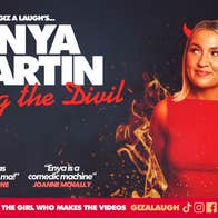 Poster for Enya Martin with Acting the Divil, a woman smirking looking to one side in a red dress with little red horns on her head.