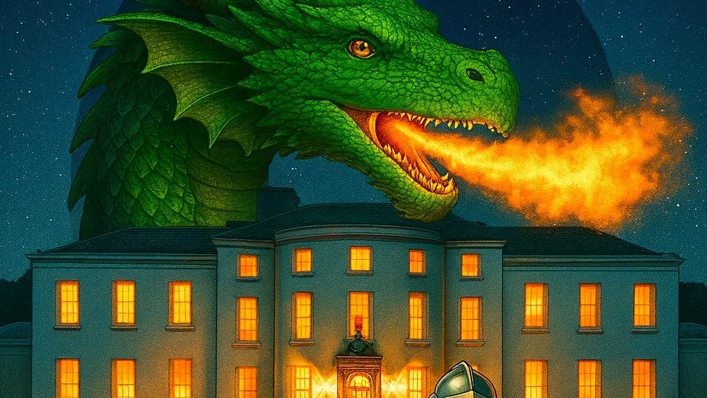 An image of large, green fire breathing dragon on top of a large country house at night with all the windows lit with yellow lights.