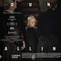 Dark poster for film Sound of Falling with small, serious looking child in centre of 2 dark figures.