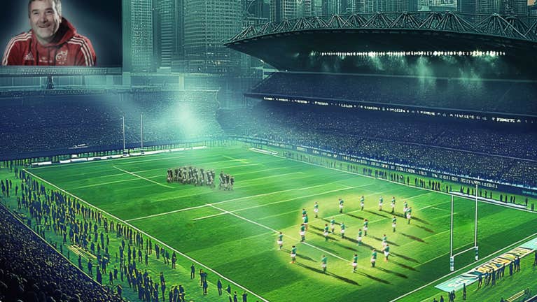 Rugby pitch and screen image of Anthony Axel Foley representing Soldier Field play celebrating his life, Irish rubgy, Irish fans and the challenge of the All Blacks.
