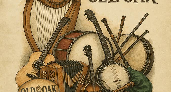 Beige and brown poster with hand drawn Irish musical instruments