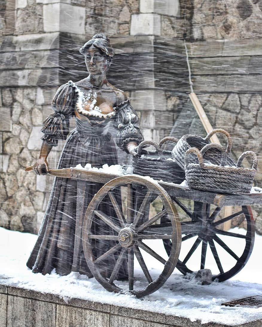 Molly Malone covered in snow during a blizzard in Dublin.