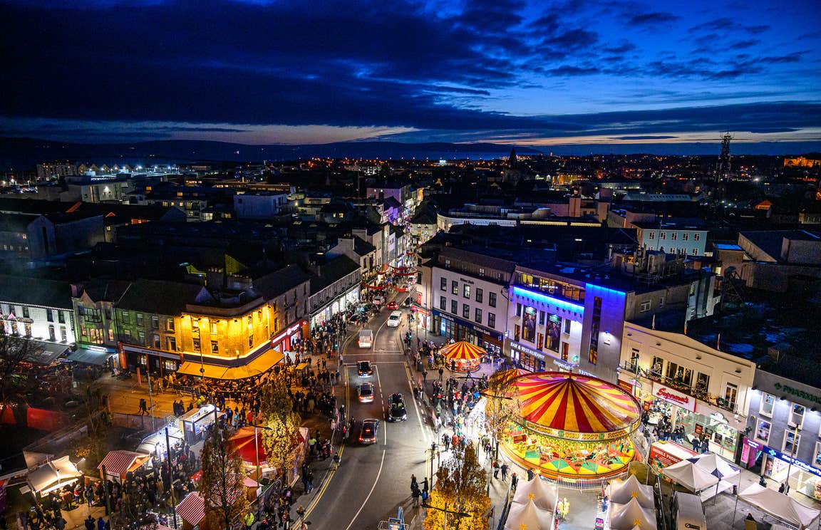An aerial view of the Galway Christmas Market that takes over Eyre Square in Galway City.