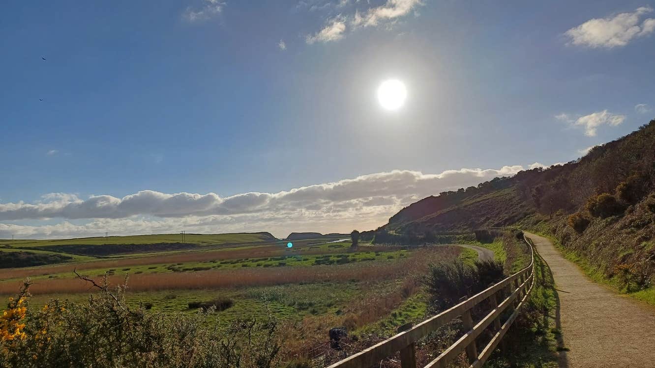 A walking path close to sunset with the sun low in the sky