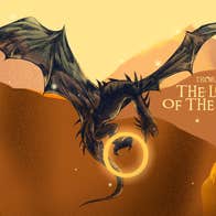 Music of the Lord of the Rings, cartoon type picture of a black, slim dragon in flight holding a large shiny gold ring in its claws.
