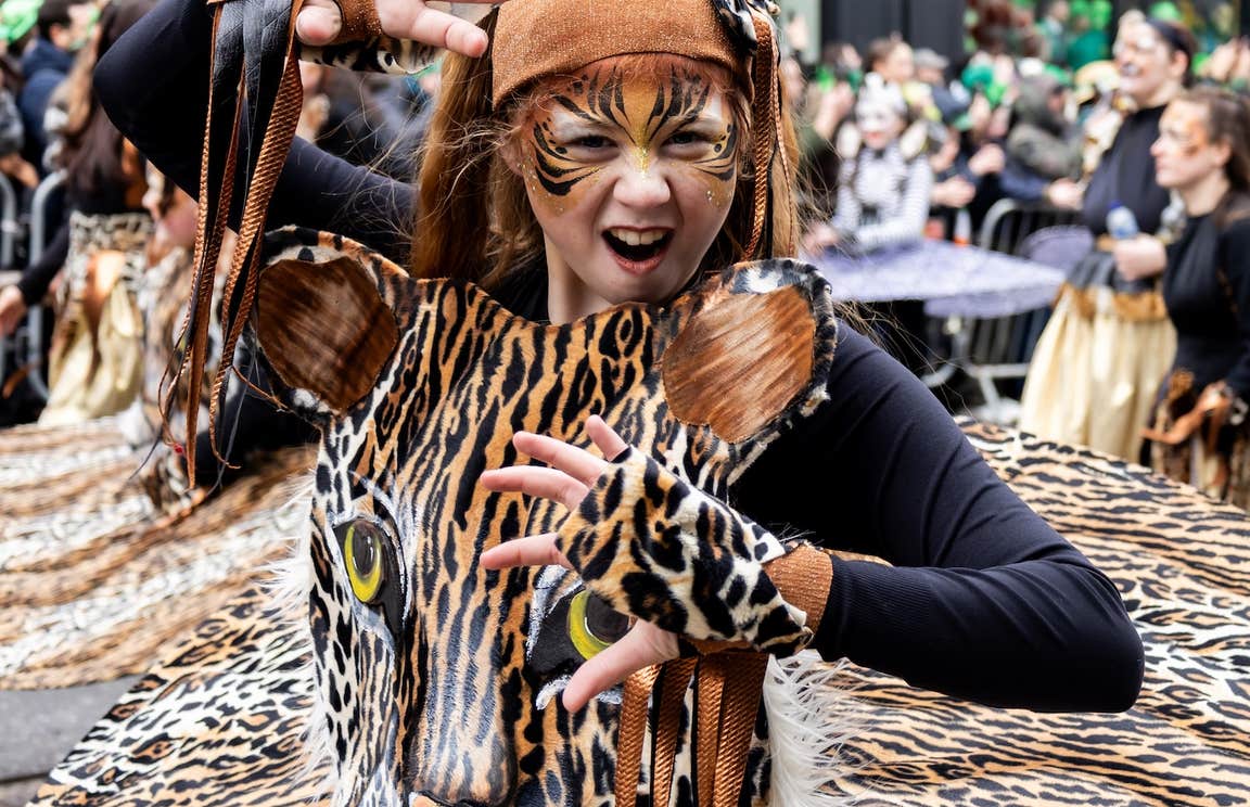 A performer in the 2025 St Patrick's Day parade in Dublin city