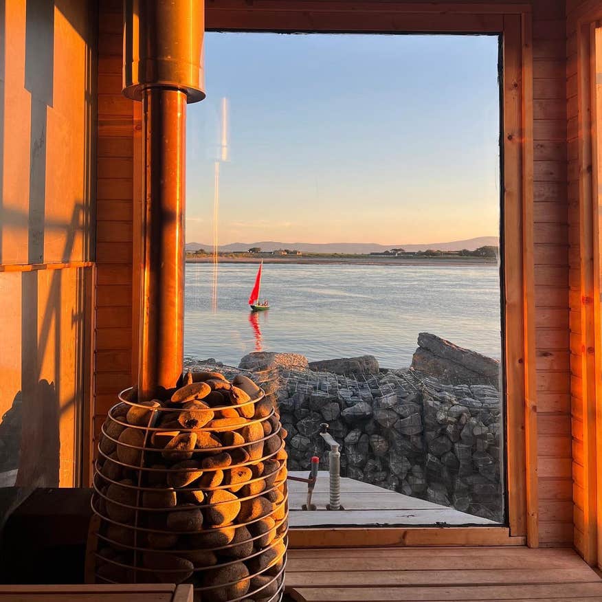 A view of the waterway from inside the Hot Box Sauna in Rosses Point in County Sligo.