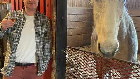 A man standing with a whiskey tasting glass beside a horse in a stable