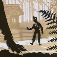 Peter and the Wolf with the NSOI, black, beige and white image of a wolf's large forelegs and a boy against a cabin and woods.