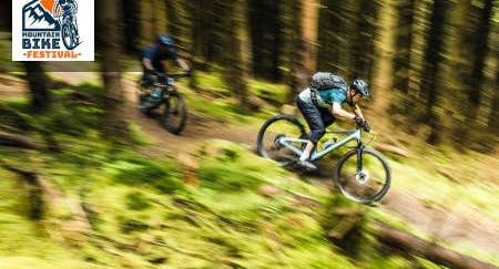 Slieve Bloom Mountain Bike Festival 2026, blurry picture of mountain bikers going downhill in a wooded area.