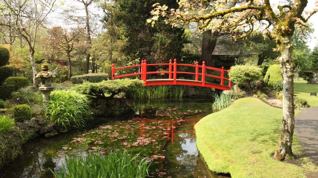 A red bridge over the water at the Japanese Gardens, County Kildare
