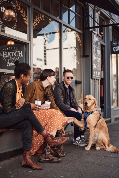 Three people and a dog sitting outside a café in Dalkey, County Dublin